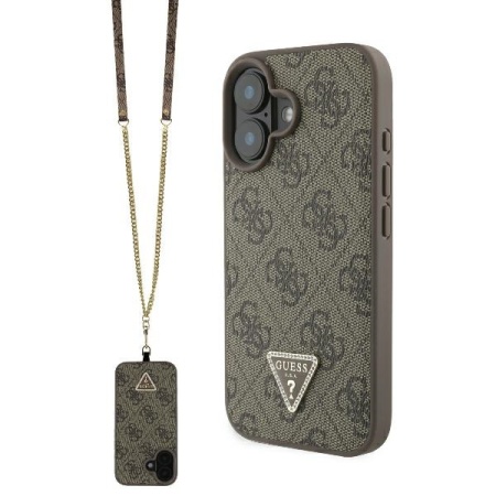 Оригилане Кожен Клаъф Guess Leather Metal Logo Strass Crossbody Case for iPhone 16 - кафяв
