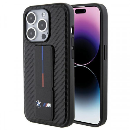 Оригинален гръб BMW Grip Stand Smooth & Carbon - iPhone 15 Pro черен