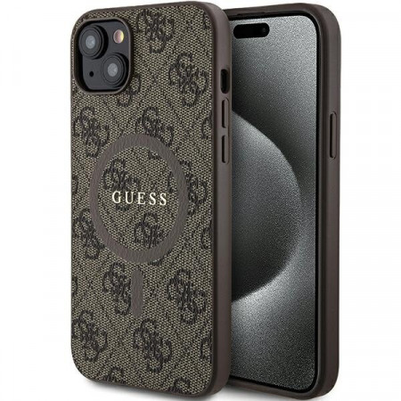 Оригинален гръб GUESS 4G Collection Leather Metal Logo MagSafe - iPhone 15 Plus / 14 Plus кафяв