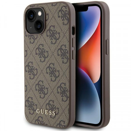 Оригинален гръб GUESS 4G Metal Gold Logo - iPhone 15 кафяв