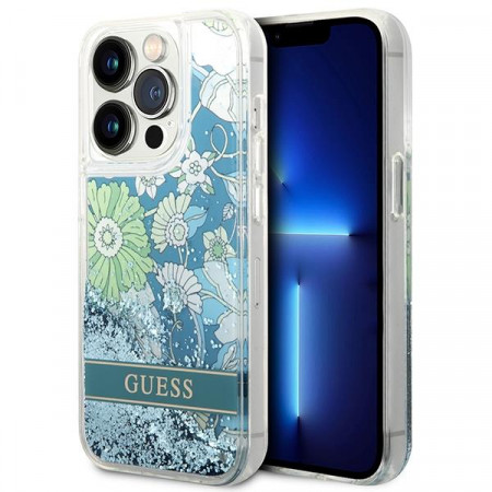 Оригинален гръб GUESS Flower Liquid Glitter GUHCP14LLFLSN - iPhone 14 Pro зелен