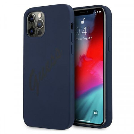 Оригинален гръб GUESS Silicone Vintage Script GUHCP12MLSVSBL - iPhone 12 / 12 Pro син
