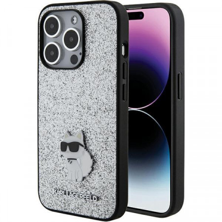Оригинален гръб KARL LAGERFELD Fixed Glitter Choupette Logo Metal Pin - iPhone 15 Pro сребрист