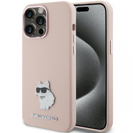 Оригинален гръб KARL LAGERFELD Silicone Choupette Metal Pin - iPhone 15 Pro розов