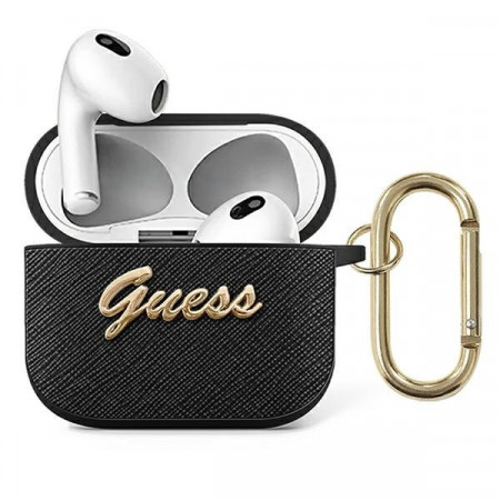 Оригинален калъф за слушалки GUESS Saffiano Script Metal GUA3SASMK - AirPods 3 черен