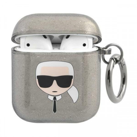 Оригинален калъф за слушалки Karl LAGERFELD Glitter Karl's Head KLA2UKHGK - AirPods 1 / 2 черен