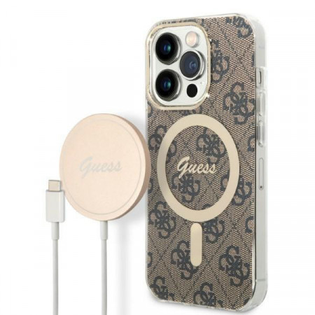 Оригинален комплект GUESS 4G Print (гръб + зарядно) MagSafe GUBPP14XH4EACSP - iPhone 14 Pro Max розов