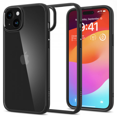 Оригинален прозрачен гръб с цветна рамка SPIGEN Crystal Hybrid - iPhone 15 Plus черен мат