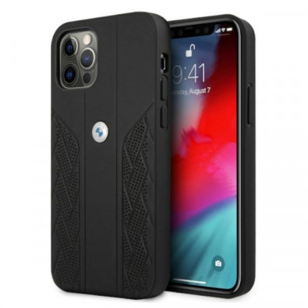 Оригинален твърд гръб от еко кожа BMW Leather Curve Perforate BMHCP12MRSPPK - iPhone 12 / 12 Pro черен
