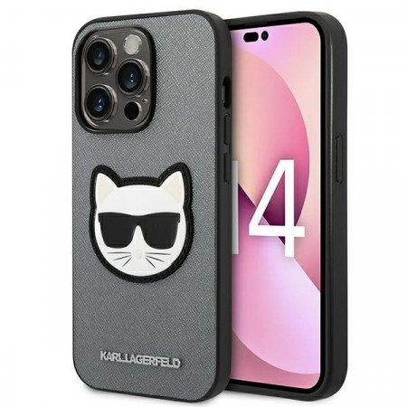 Оригинален твърд гръб KARL LAGERFELD Saffiano Choupette Head Patch KLHCP14XSAPCHG - iPhone 14 Pro Max сребрист