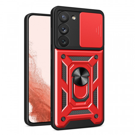 Подсилен гръб Hybrid Armor Camshield с подвижно покритие за камерата и стойка - Samsung Galaxy S23+ червен