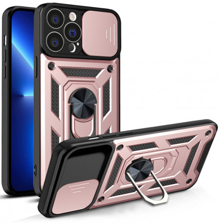 Подсилен гръб Hybrid Armor Camshield с подвижно покритие за камерата и стойка - iPhone 13 Pro Max розов