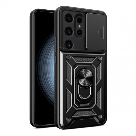 Подсилен гръб Hybrid Armor Camshield с подвижно покритие за камерата и стойка - Samsung Galaxy S24 Ultra черен