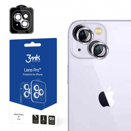 Стъклен протектор за камера с алуминиева рамка и рамка за поставяне 9H 3mk Lens Protection Pro - iPhone 14 лилав