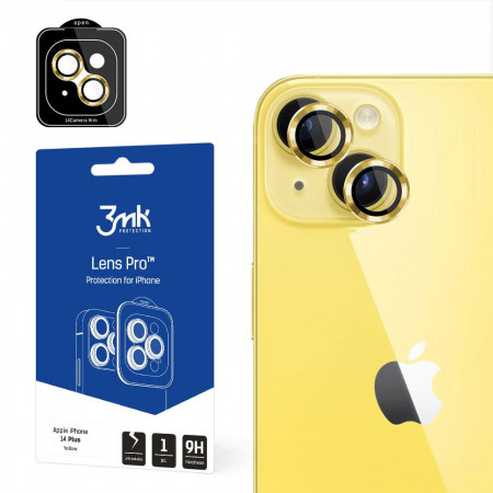 Стъклен протектор за камера с алуминиева рамка и рамка за поставяне 3mk Lens Protection Pro - iPhone 14 Plus с жълта рамка