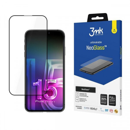 Стъклен протектор с пълно покритие 3mk Neo Glass - iPhone 15 Plus с черна рамка