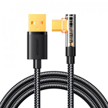 90° кабел за зареждане и данни с оплетка JOYROOM USB Type A към USB Type C с бързо зареждане 3A 1.2m черен (S-UC027A6)