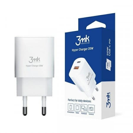 Зарядно за стена 3MK Hyper Charger 20W USB Type A / USB Type C PD QC бяло