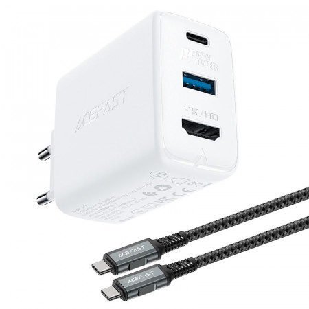 Зарядно за стена ACEFAST 2в1 GaN 65W USB Type A / USB Type C / HDMI 4K @ 60Hz + кабел USB Type C към USB Type C (A17) бяло