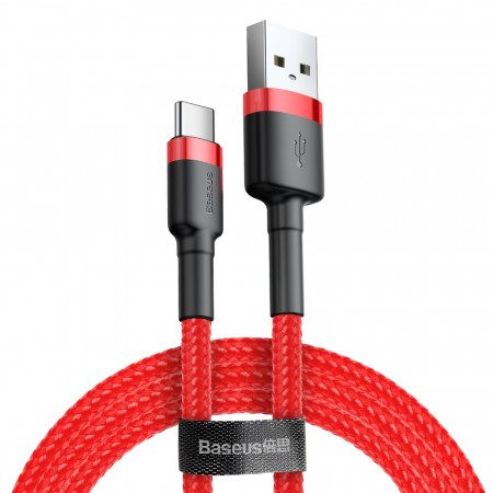 Кабел за зареждане и данни с оплетка BASEUS Cafule USB Type A към USB Type C с бързо зареждане 3.0 2A 2m червен (CATKLF-C09)