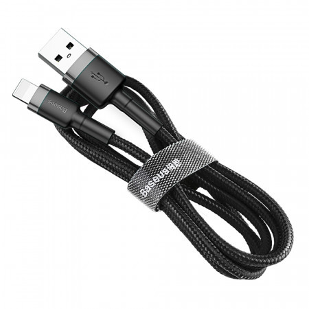 Кабел за зареждане и данни с оплетка BASEUS Cafule USB Type A към Lightning с бързо зареждане 3.0 2.4A 1m черен / сив (CALKLF-BG1)