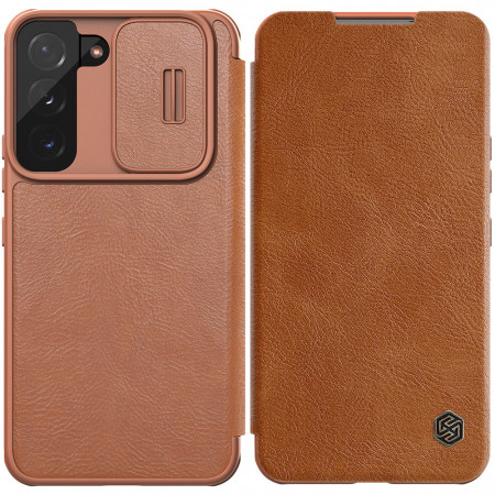 Калъф тип книга от еко кожа с подвижно покритие за камерата NILLKIN Qin Leather Pro - Samsung Galaxy S22+ кафяв