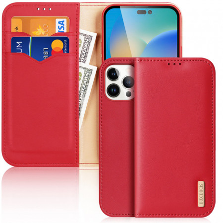 Калъф тип книга от естествена кожа DUX DUCIS Hivo със система против кражба - iPhone 14 Pro Max червен