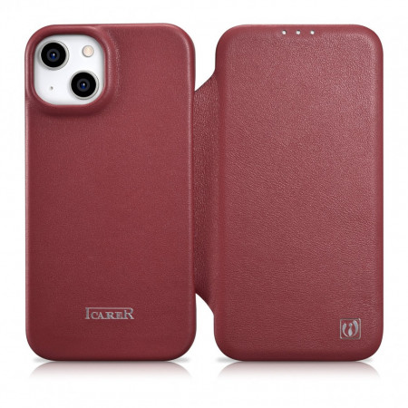 Калъф тип книга от естествена кожа iCARER CE Oil Wax Premium MagSafe - iPhone 14 Plus червен
