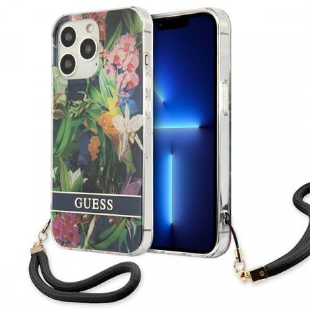 Оригинален гръб с връзка GUESS Flower GUHCP13LHFLSB - iPhone 13 Pro син