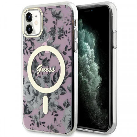 Оригинален гръб GUESS Flower MagSafe GUHMN61HCFWSP - iPhone 11 розов