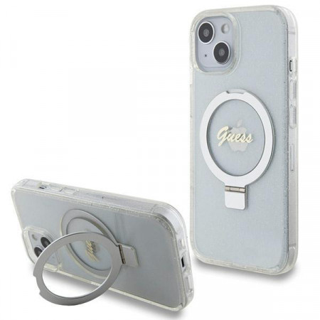 Оригинален гръб GUESS Ring Stand Script Glitter MagSafe - iPhone 13 / 14 / 15 прозрачен