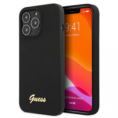 Оригинален гръб GUESS Silicone Script Gold Logo GUHMP13XLSLMGBK - iPhone 13 Pro Max черен