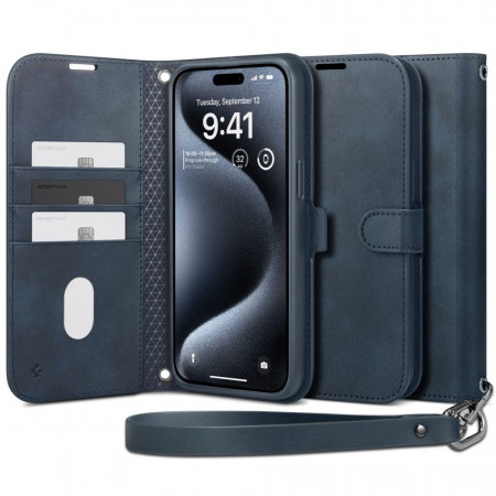 Оригинален калъф тип книга с каишка SPIGEN Wallet S - iPhone 15 Pro тъмносин - Img 1