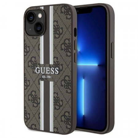 Оригинален калъф тип книга GUESS 4G Printed Stripes MagSafe - iPhone 13 / 14 / 15 кафяв