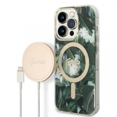 Оригинален комплект GUESS Jungle (гръб + зарядно) MagSafe GUBPP14LHJEACSA - iPhone 14 Pro зелен