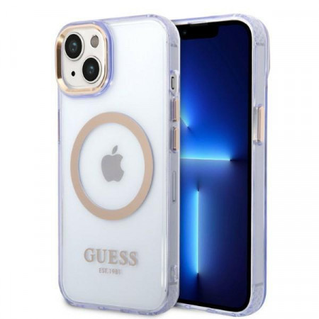 Оригинален полупрозрачен твърд гръб GUESS Gold Outline MagSafe GUHMP14SHTCMU - iPhone 14 лилав