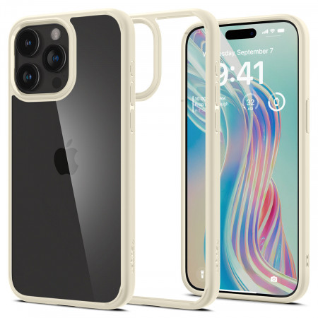 Оригинален прозрачен гръб с цветна рамка SPIGEN Crystal Hybrid - iPhone 15 Pro Max бежов