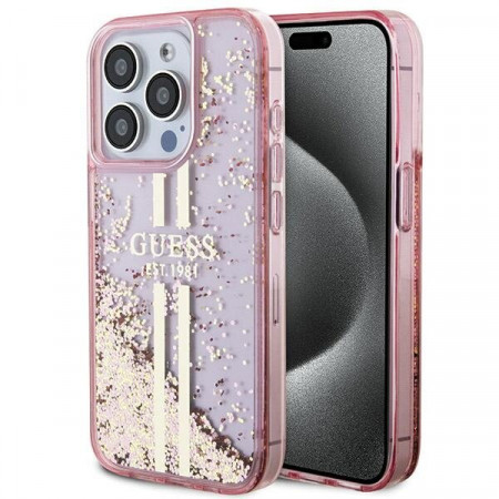 Оригинален твърд гръб GUESS Liquid Glitter Gold Stripes - iPhone 15 Pro розов