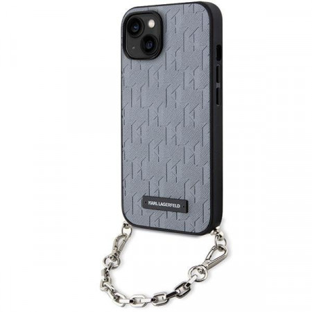 Оригинален твърд гръб KARL LAGERFELD Saffiano Monogram Chain KLHCP14SSACKLHPG - iPhone 14 сребрист