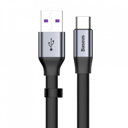 Плосък кабел за зареждане и данни BASEUS Simple HW USB Type A към USB Type C с бързо зареждане 3.0 5A 40W 0.23m (CATMBJ-BG1) сив