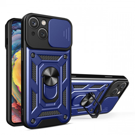 Подсилен гръб Hybrid Armor Camshield с подвижно покритие за камерата и стойка - iPhone 14 син