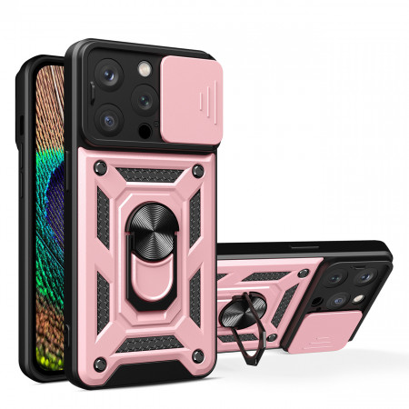 Подсилен гръб Hybrid Armor Camshield с подвижно покритие за камерата и стойка - iPhone 14 Pro розов