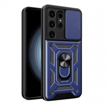 Подсилен гръб Hybrid Armor Camshield с подвижно покритие за камерата и стойка - Samsung Galaxy S24 Ultra син