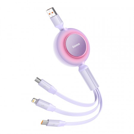 Прибиращ се кабел за зареждане и данни BASEUS Bright Mirror 2 3in1USB Type A към micro USB / Lightning / USB Type C 66W 1.1m лилав (CAMJ010105)