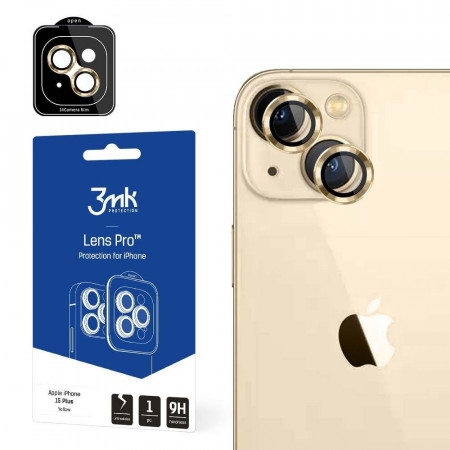 Стъклен протектор за камера с алуминиева рамка и рамка за поставяне 3mk Lens Protection Pro - iPhone 15 Plus с жълта рамка