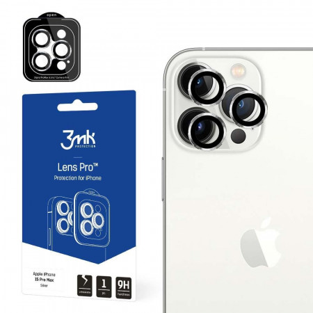 Стъклен протектор за камера с алуминиева рамка и рамка за поставяне 3mk Lens Protection Pro - iPhone 15 Pro Max със сребриста рамка