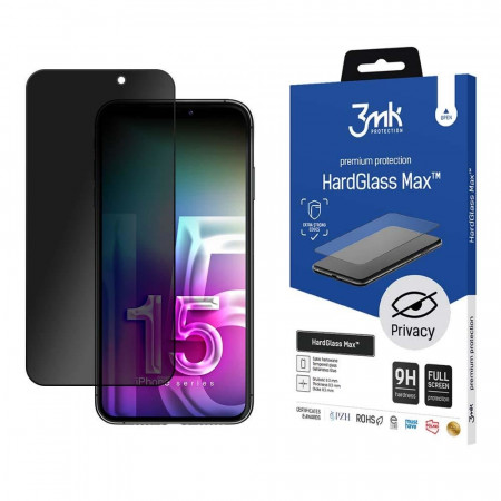 Стъклен протектор с пълно покритие и филтър за поверителност 3mk Hard Glass Max Privacy - iPhone 15 Plus с черна рамка