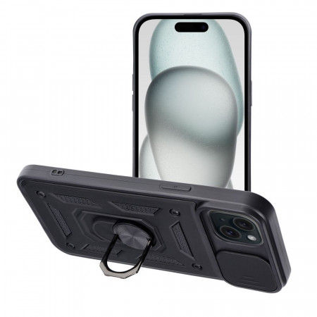 Гръб със стойка и подвижно покритие за камерата Slide Armor - iPhone 15 Plus черен