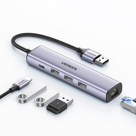 Докинг станция UGREEN USB Type A 3.0 към 3x USB Type A / RJ45 / USB Type C Power Delivery (CM475) сива