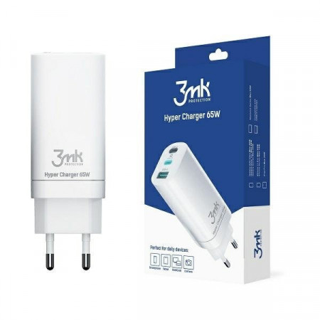 Зарядно за стена 3MK Hyper GaN Charger 65W USB Type A / 2x USB Type C PD QC бяло - Img 1